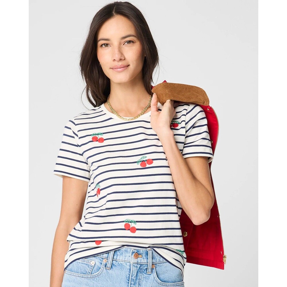 J.Crew Factory Cherries On Stripes Graphic Tee Sz XXL White Navy Blue Embroidere
